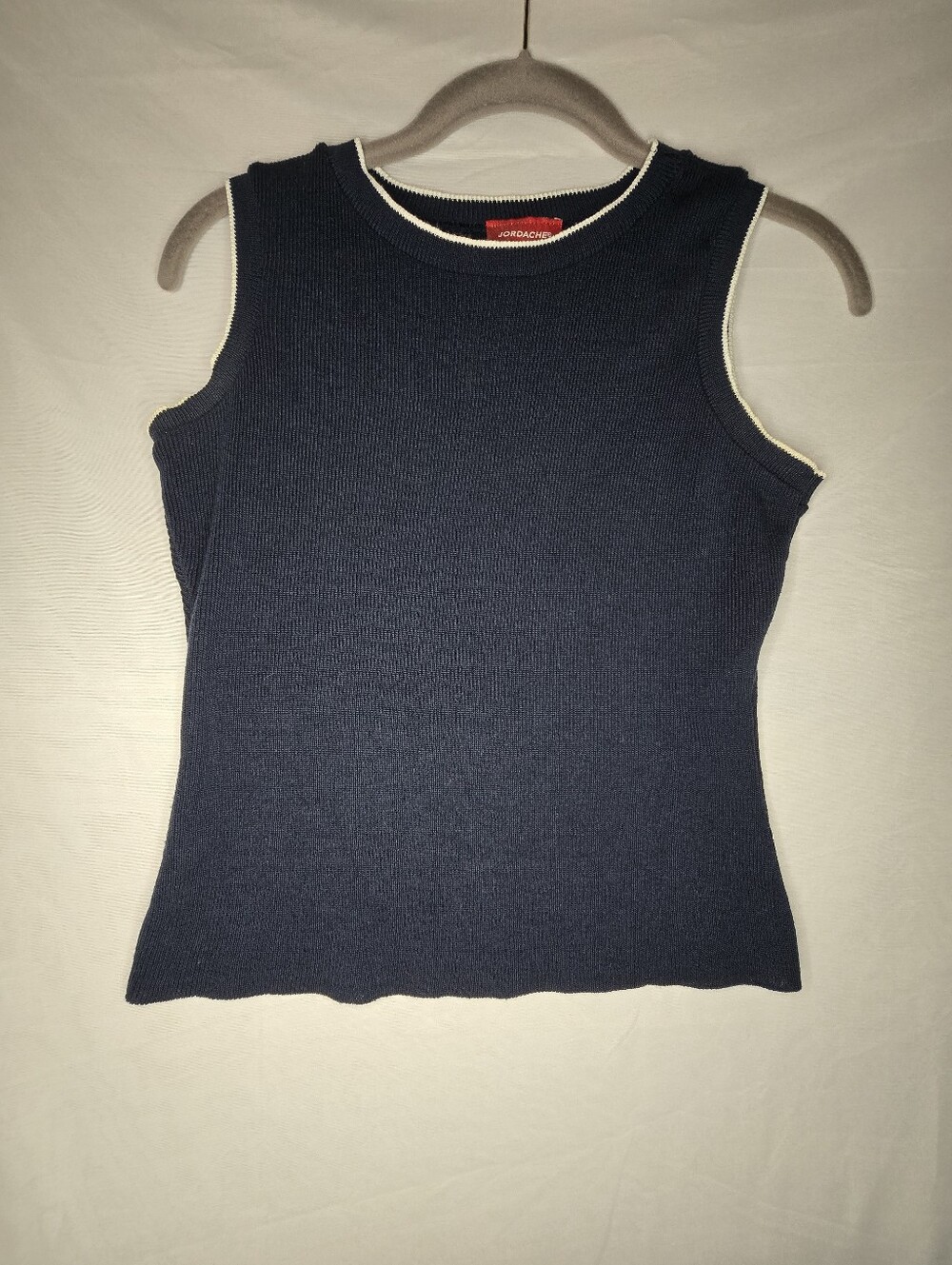 Vintage 90s Jordache Knit Tank Top Navy Blue White Trim Crop Size Medium 1999